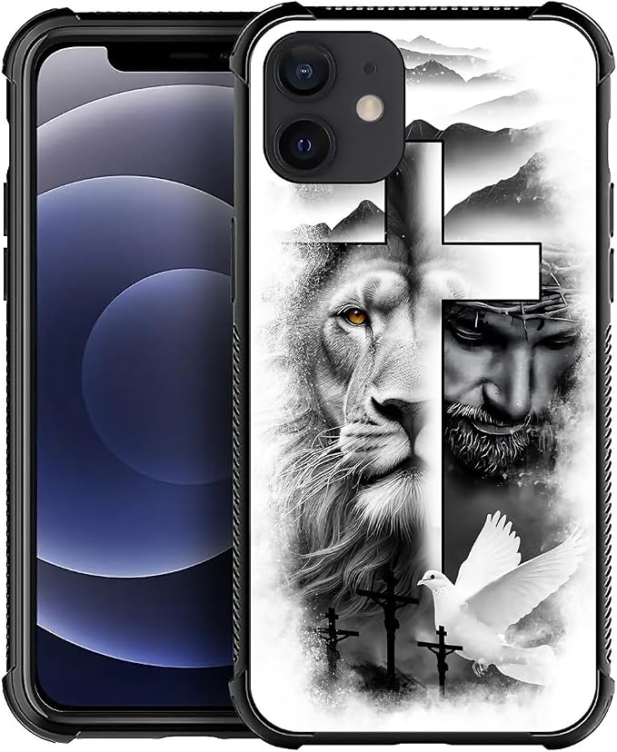 for iPhone 12/12 Pro Case, Lion Cross Jesus Christ Dove Pattern Graphic Design by FKBRCL4U
