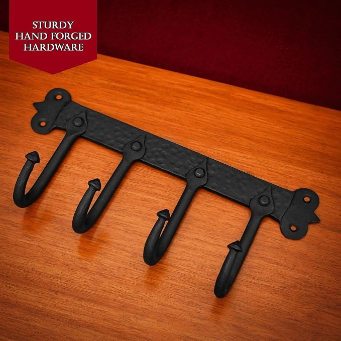 Mystic Colonial Medieval Rustic Hand-Forged Iron Wall Mounted Coat Rack | - Image 9