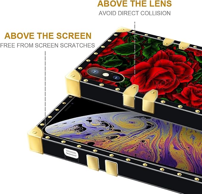Compatible with iPhone XR Case, Vector Red Rose Green Leaf Luxury Golden - Image 7