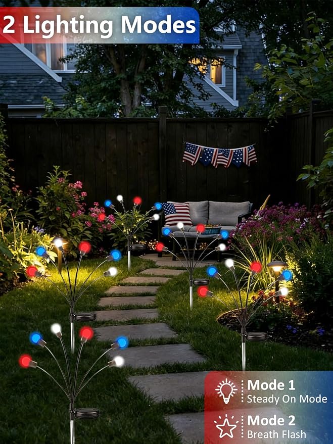 Upgraded 8 Pack Red White and Blue Solar Firefly Lights, 4th of July Solar - Image 3