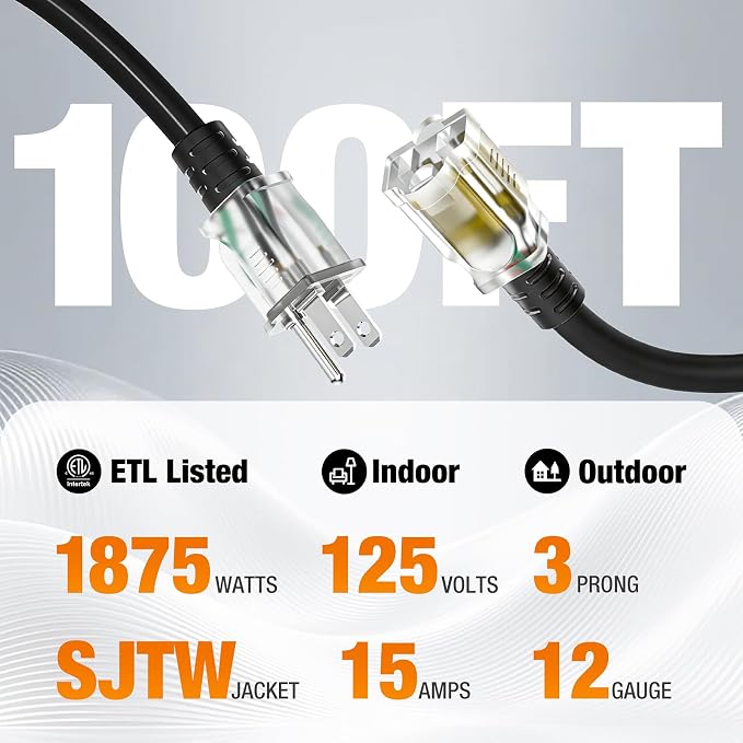 Outdoor Extension Cord 100 FT Waterproof, 12/3 Gauge Heavy Duty 3 Prong Power - Image 2