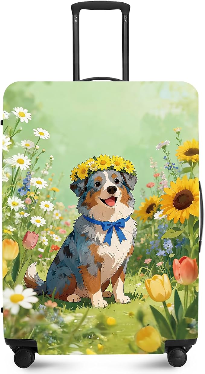 ANNA QUEEN Spring Cute Dog Travel Luggage Cover-Flower Stretchable Airplane by ANNAQUEEN
