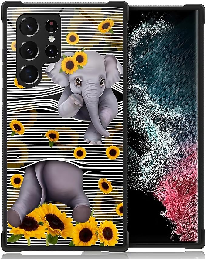 for Samsung Galaxy S22 Ultra Case, Cute Little Elephant Sunflower White Line by FKBRCL4U