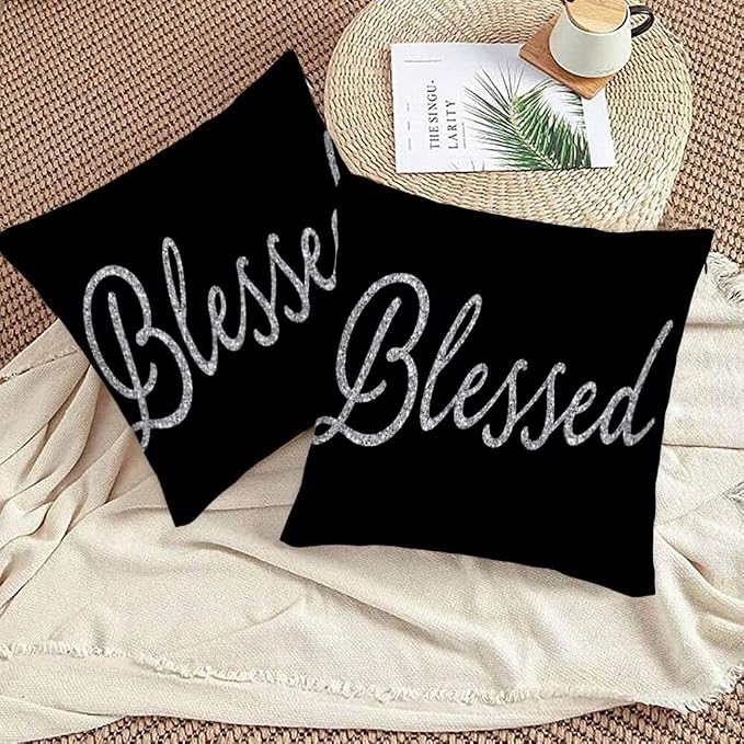Bling Blessed White Throw Pillow Covers 18x18 Highlights Blessed Black Set of 2 - Image 3