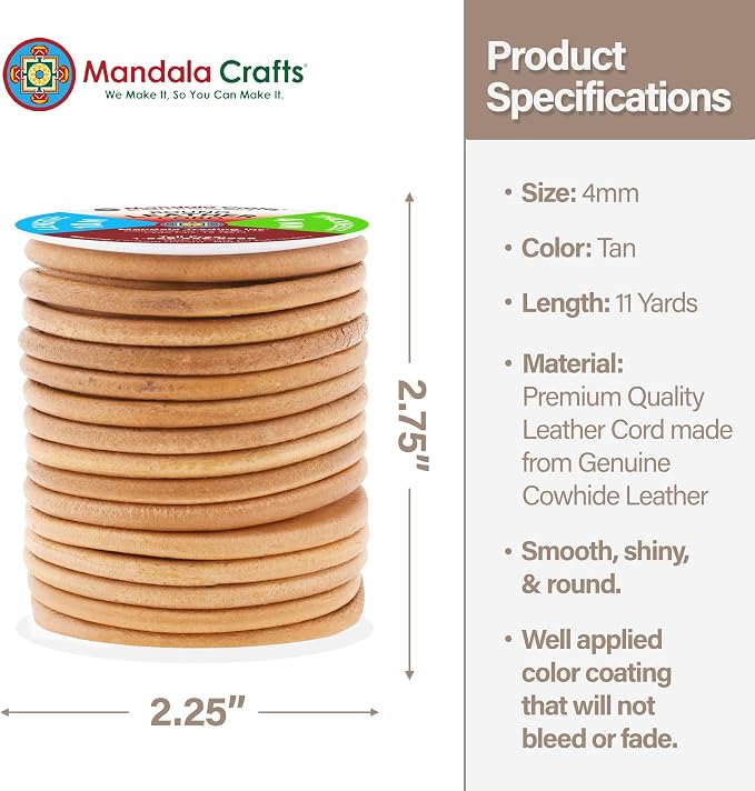 Mandala Crafts Round Genuine Tan Leather Cord - Image 4