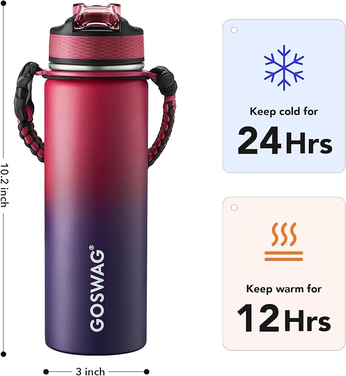 GOSWAG Insulated Sports Water Bottle, 24oz 2 Lids, Stainless Steel Water Bottles - Image 2