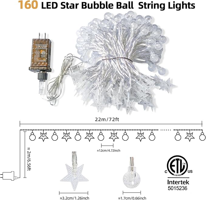 Crystal Globe & Star String Lights Plug in - 72 FT 160 LED Star Fairy String - Image 2