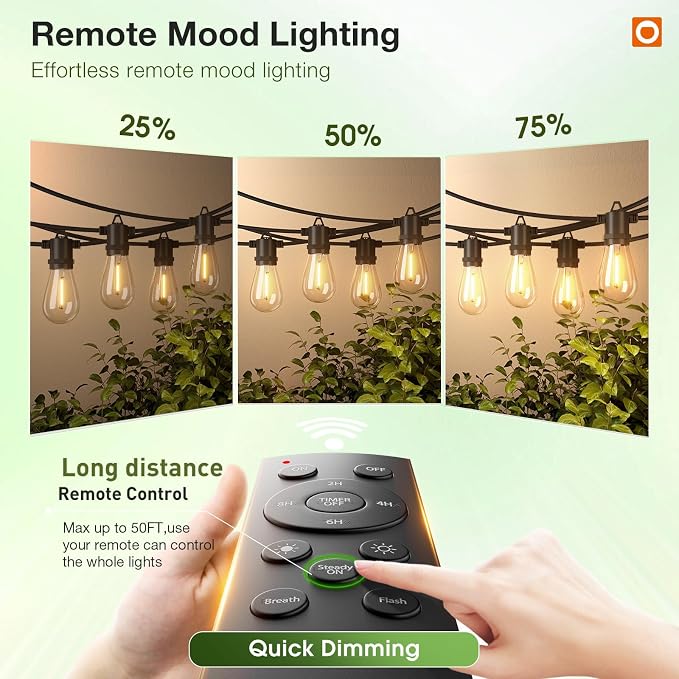 addlon 50FT LED Outdoor String Lights, Remote Dimmable Patio Lights - Image 3