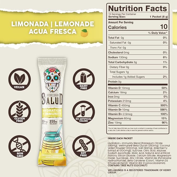 Salud 2-in-1 Hydration Packets + Immunity Electrolytes Powder, Lemonade - Image 3