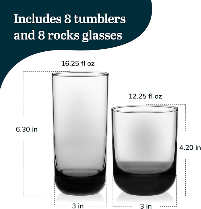 Libbey Polaris Tumbler and Rocks Glass Cups Set, Smoke Hue Mixed Drink Glasses - Image 3
