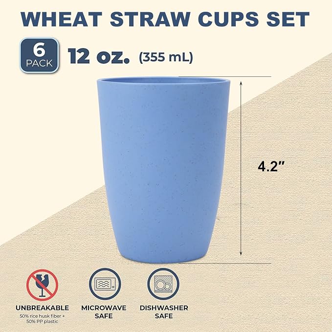 Wheat Straw Cups 6 PCS Good Alternative to Plastic Reusable Cups 12 oz - Image 2