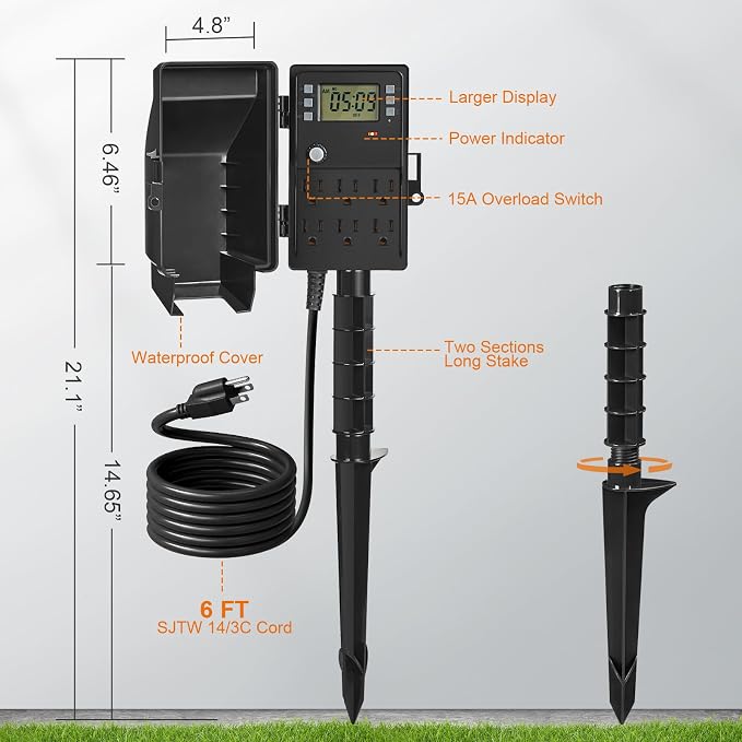 SURAIELEC Outdoor Power Stake, 7-Day Programmable Digital Timer, Power Strip - Image 7