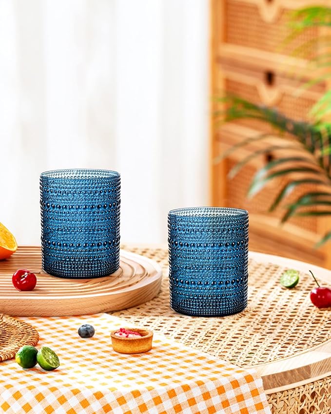 YOUBET 24PCS Plastic Drinking Glasses - 14OZ Blue Hobnail Drinkware Glasses - - Image 6