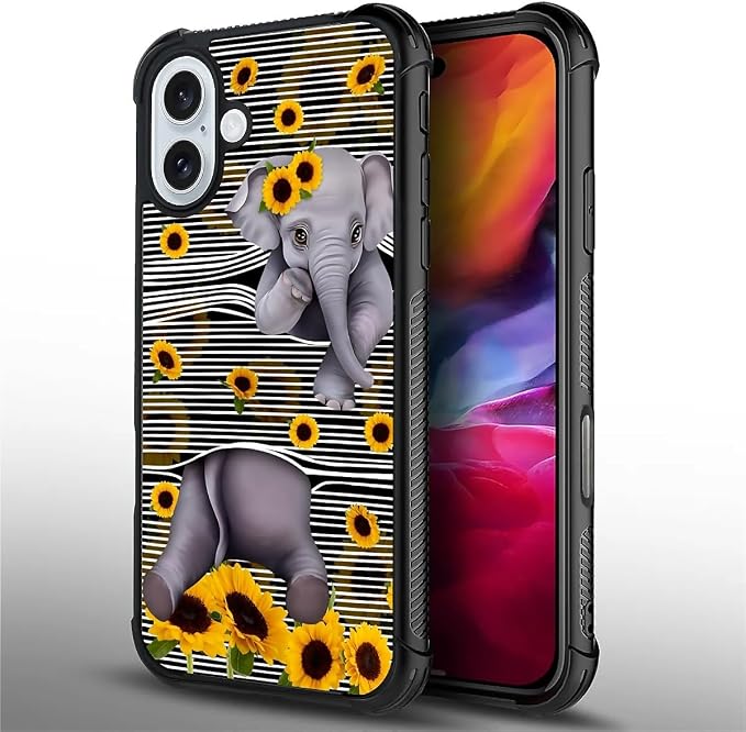 for iPhone 16 Plus Case, Cute Little Elephant Sunflower White Line Art Pattern - Image 2