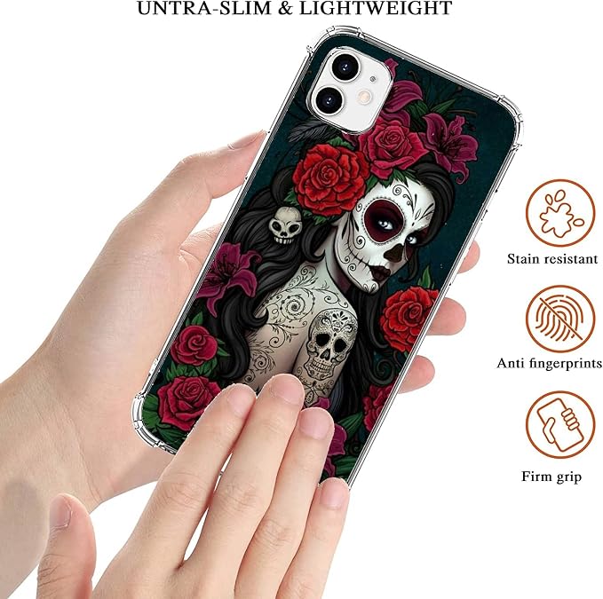 Sugar Skull Girl Case for iPhone 11, Skull and Flowers Pattern Unique Design - Image 2