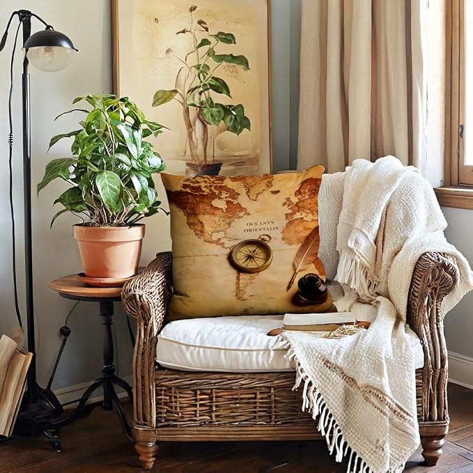 7COLORROOM Set of 2 Vintage World Map Pillow Covers Navigation Compass Square - Image 5
