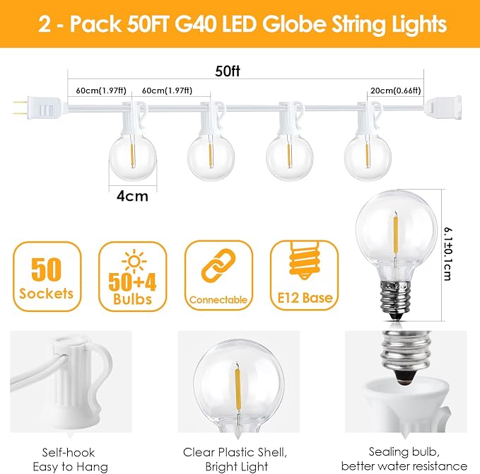 Mlambert 100Ft Outdoor String Lights, G40 Globe Patio Lights - Image 4