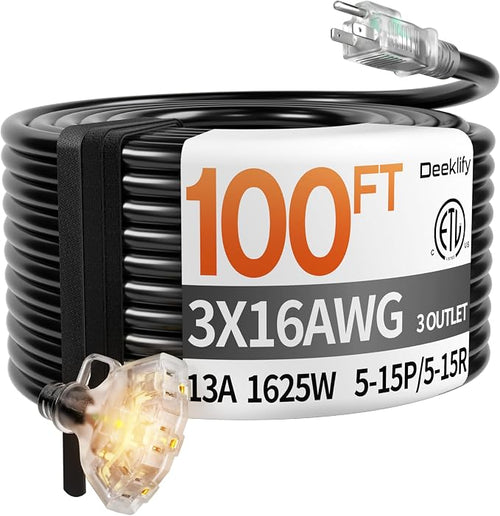 100 ft 16/3 awg 3 Outlet Extension Cord Splitter by Deeklify