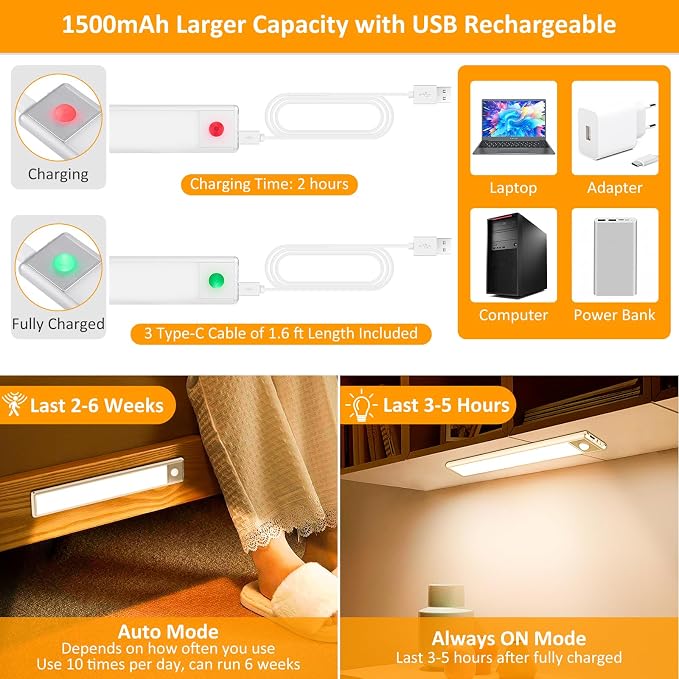 51-LED Motion Sensor Under Cabinet Lighting, 12-inch Magnetic Rechargeable - Image 3