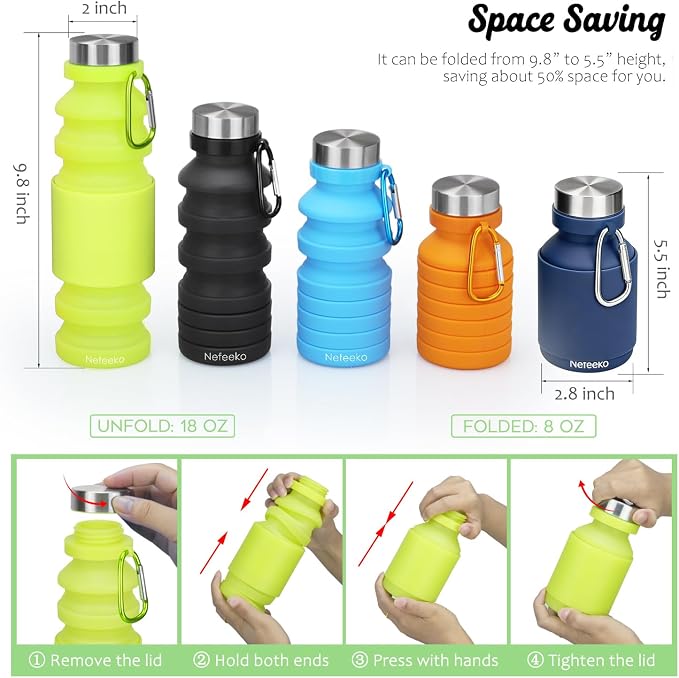 Nefeeko Collapsible Water Bottle, Reuseable BPA Free Silicone Foldable Water - Image 2