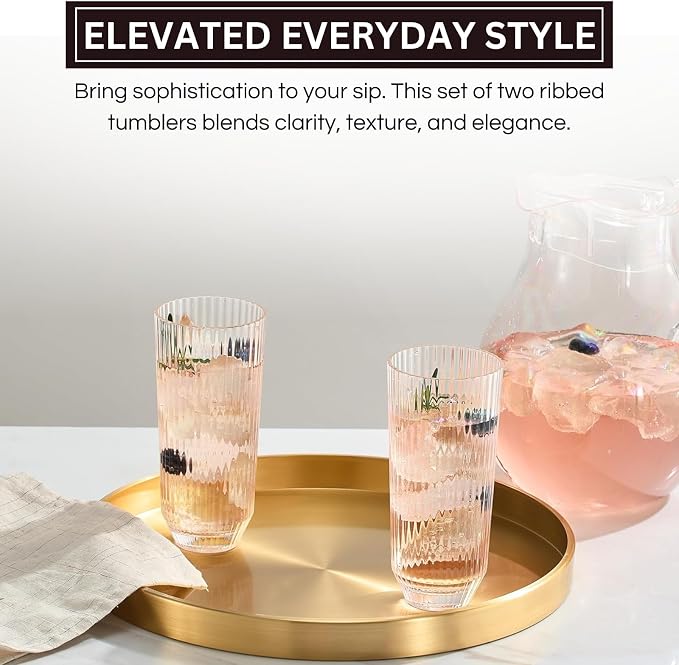Khen Plastic Acrylic Ribbed Drinking Glasses – Set of 2 Clear 11.8oz Tritan - Image 4