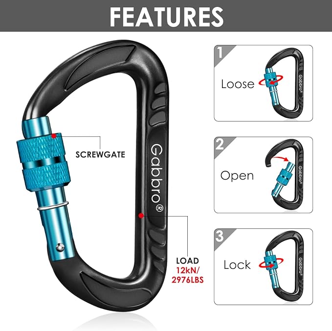 Gabbro Carabiner Clips Heavy Duty 12kN, Wiregate Aluminum Lightweight Caribeener - Image 3
