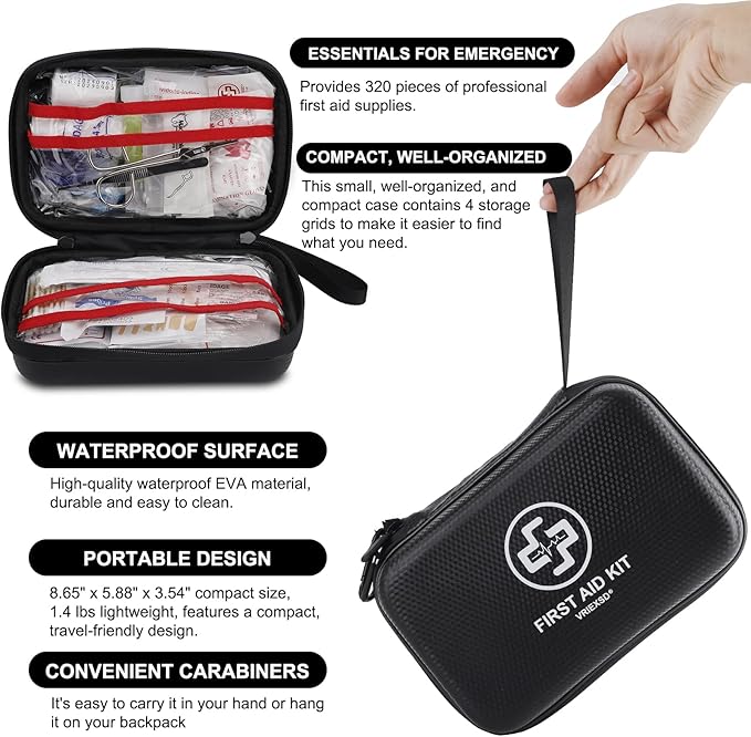 VRIEXSD Premium First Aid Kit, 320 Piece Waterproof Hard Shell Eva First Aid Kit - Image 3
