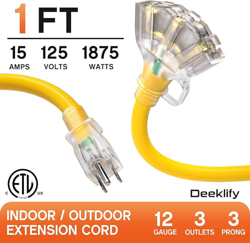 1 ft 12 Gauge Heavy Duty 3 Outlet Extension Cord Splitter - Image 2