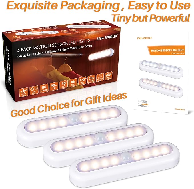 STAR-SPANGLED 3 Pack 7” Motion Sensor Lights Indoor Battery Operated, Stick on - Image 7