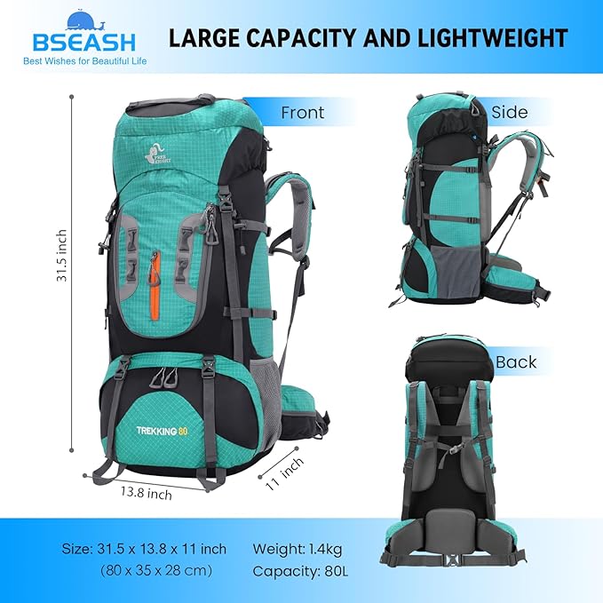 Bseash 80L Waterproof Hiking Camping Backpack - Image 2