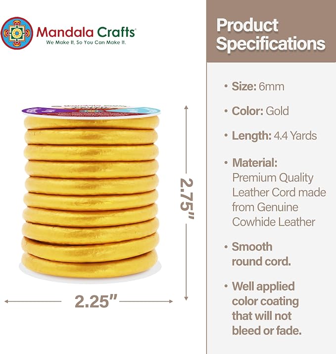 Mandala Crafts Round Genuine Gold Leather Cord - Image 4