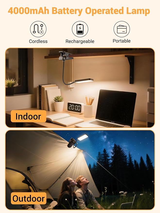 Clip on Light, 9 Brightness+5 Color Rechargeable Desk Lamp, 4000mAh Battery - Image 3