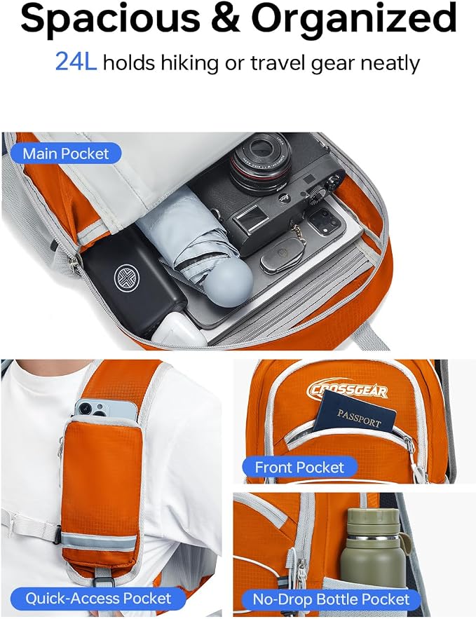 CROSSGEAR Packable Hiking Backpack, 24L Lightweight Foldable Daypack, RFID - Image 2