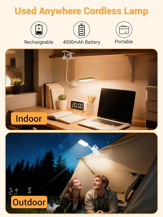Clip on Lamp, 9 Brightness+5 Color Clamp Light, 4000mAh Battery Rechargeable - Image 3