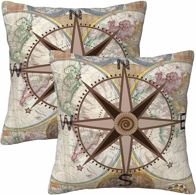Nautical Compass Throw Pillow Covers 18x18 Historical World Map Earth by Unknown