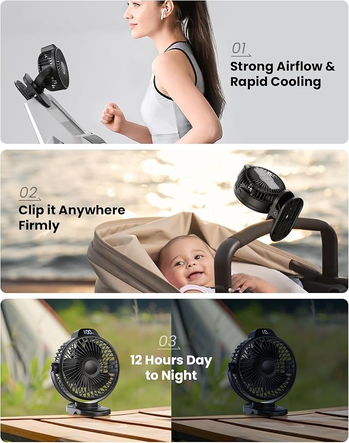 Koonie Portable Clip On Fan, Small Rechargeable Battery Operated, 3 Speed Mini - Image 2