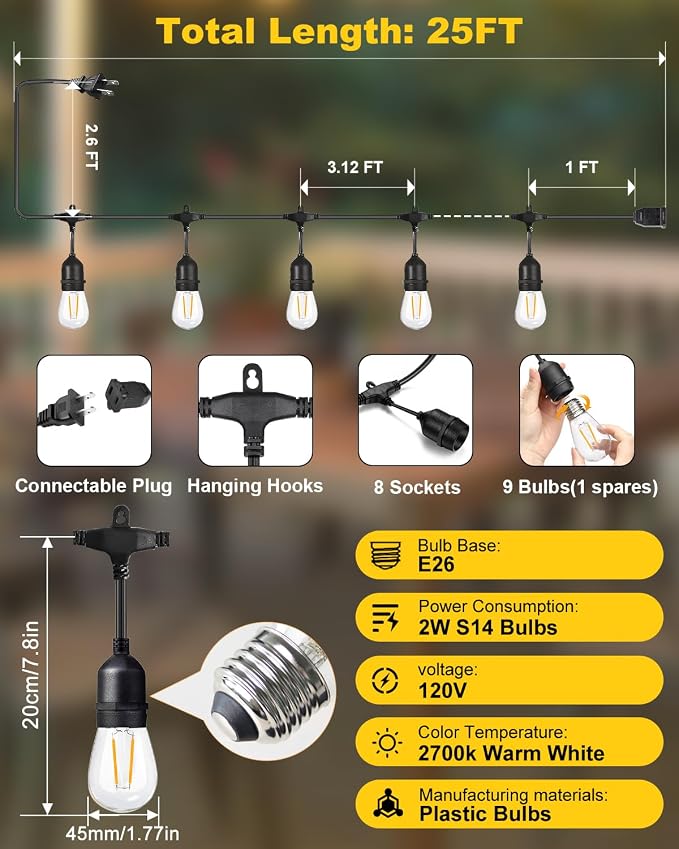 BRIMAX 2W Outdoor String Lights 25FT, Patio Lights Commercial Grade - Image 3