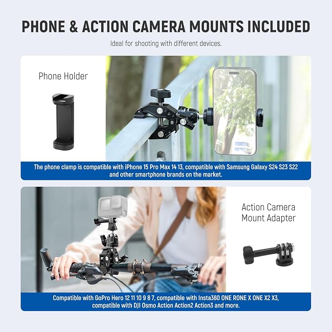 Neewer Super Clamp with Ballhead, Cold Shoe, Phone Holder and Action Camera - Image 6