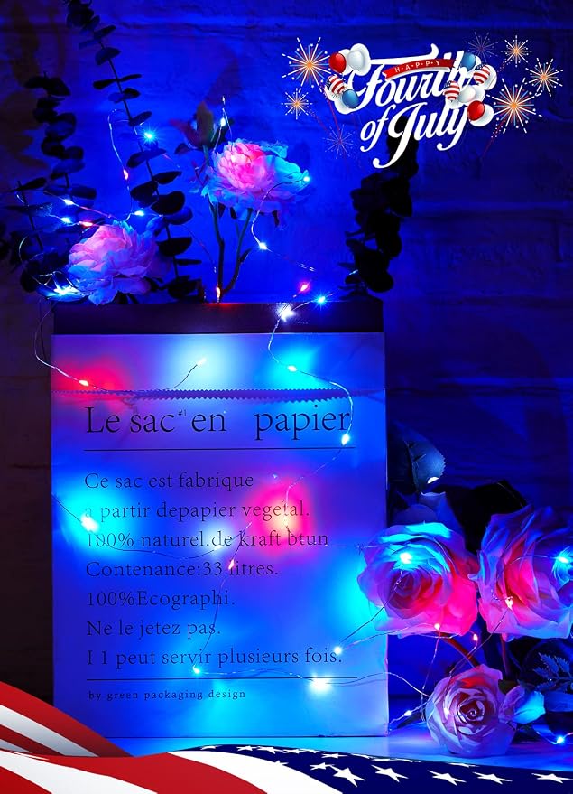 Brightown 4th of July Decor Patriotic Fairy Lights, 7 FT. Silver Wire Red White - Image 6