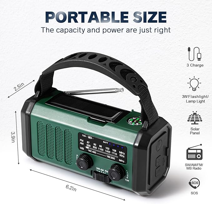 NOAA Emergency Weather Radio, Best Portable 10000mAh Battery/Hand Crank/Solar - Image 6