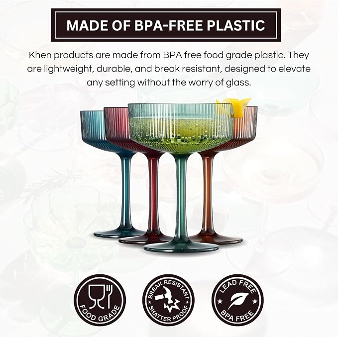 Khen Shatterproof Acrylic Ribbed Vintage Art Deco Martini, Champagne & Cocktail - Image 3