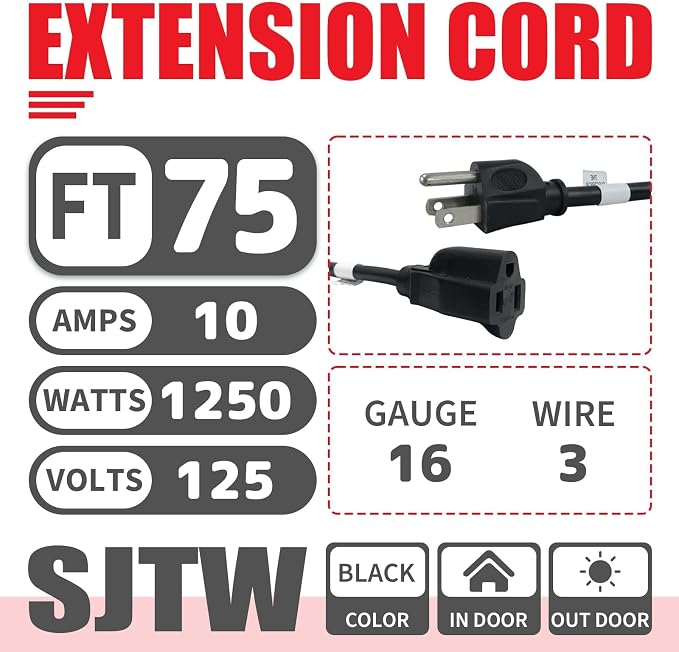 EP 75FT Black Outdoor Extension Cord, 16/3 SJTW Heavy Duty Waterproof, 3 Prong - Image 2