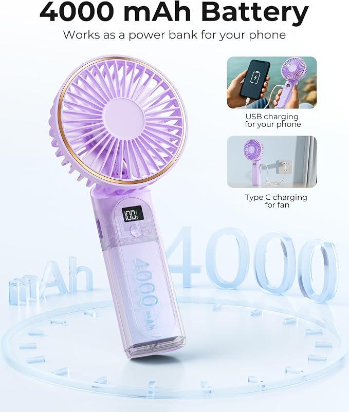 TUNISE Portable Handheld Fan, 180 Adjustable, 6 Speed Wind, USB Rechargeable - Image 4
