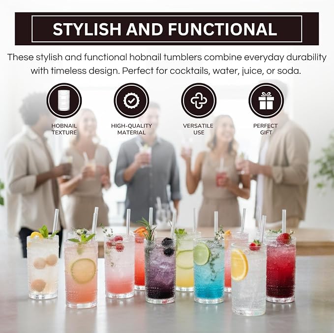 12-Piece Hobnail Drinking Glasses Set, 12 oz Large Vintage Highball Glassware - Image 4