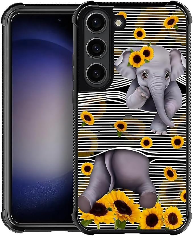 for Samsung Galaxy S23 Plus Case, Cute Little Elephant Sunflower White Line Art by FKBRCL4U