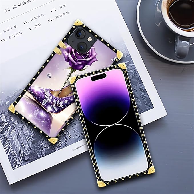 Compatible with iPhone 14 Case, High Heeled Purple Diamond Rose Luxury Golden - Image 6