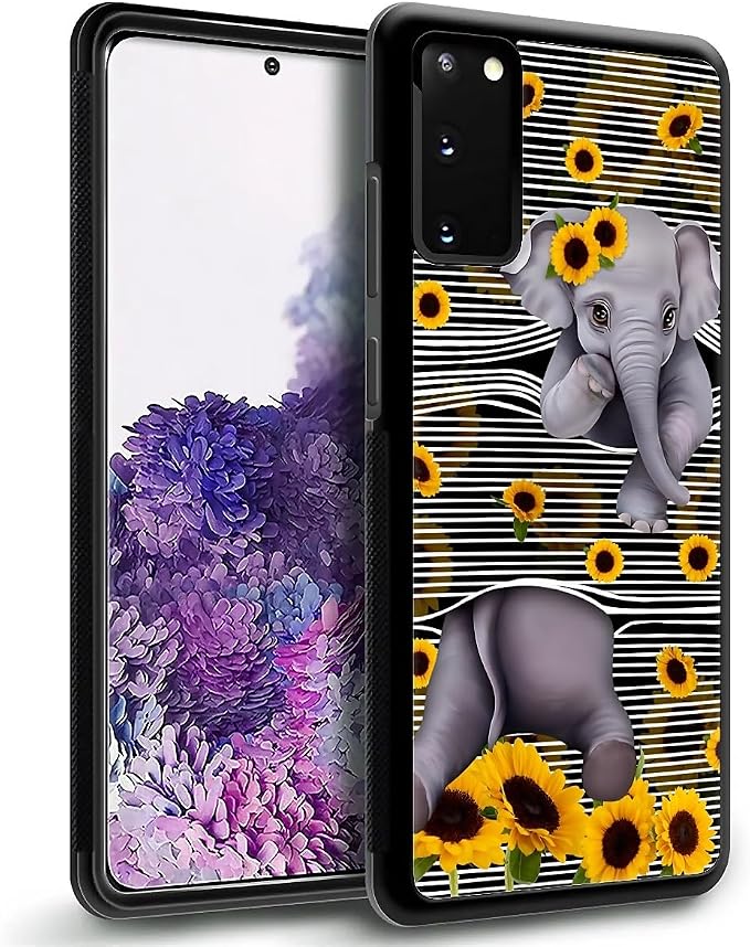 for Samsung Galaxy S20 Case, Cute Little Elephant Sunflower White Line Art - Image 4