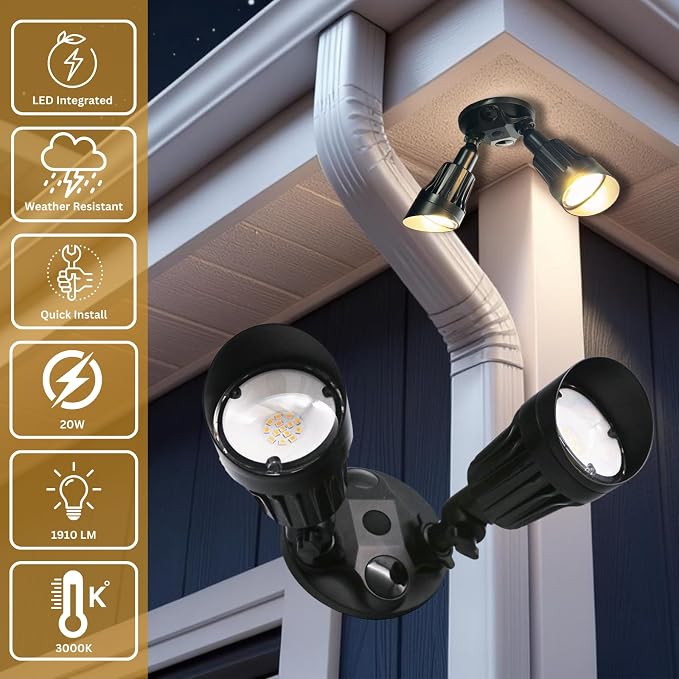 LED Black 2-Light Bullet Flood Light- 3000K Adjustable Dual Head Hardwired - Image 2