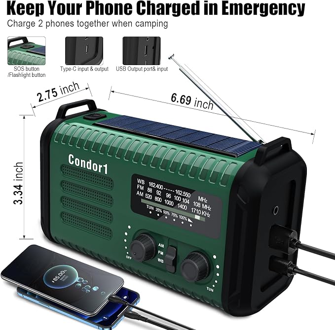 NOAA Weather Radio 20000mAh Battery Powered｜Solar Hand Crank Emergency Radio - Image 4
