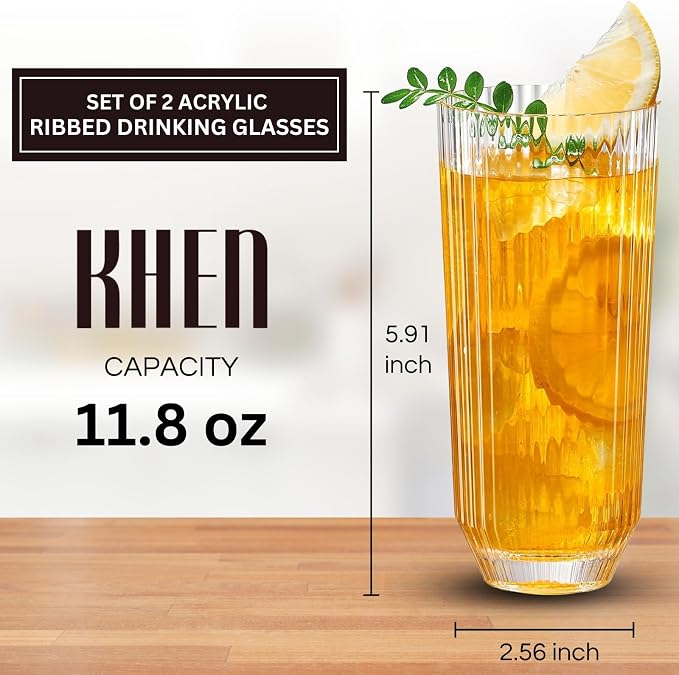 Khen Plastic Acrylic Ribbed Drinking Glasses – Set of 2 Clear 11.8oz Tritan - Image 2